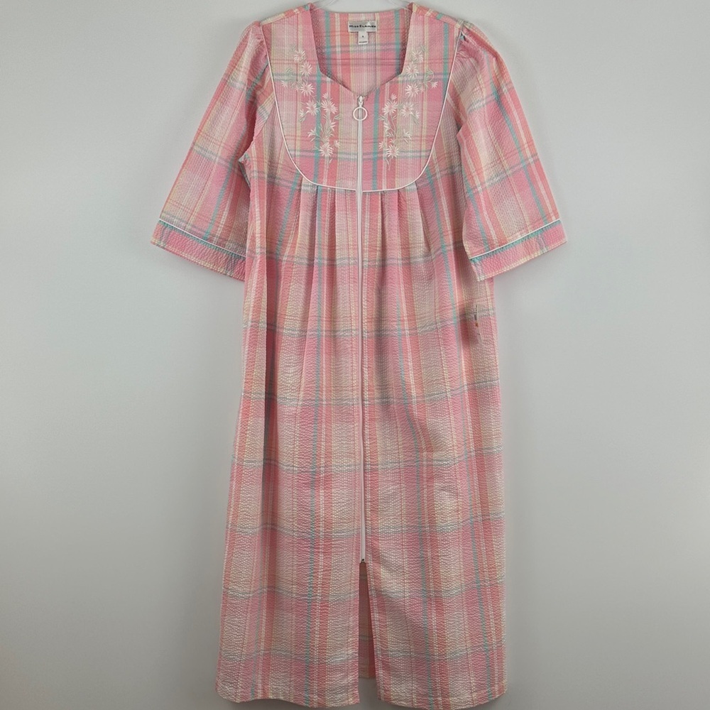 NWT Miss Elaine Pink Plaid Seersucker Nightgown Housecoat S